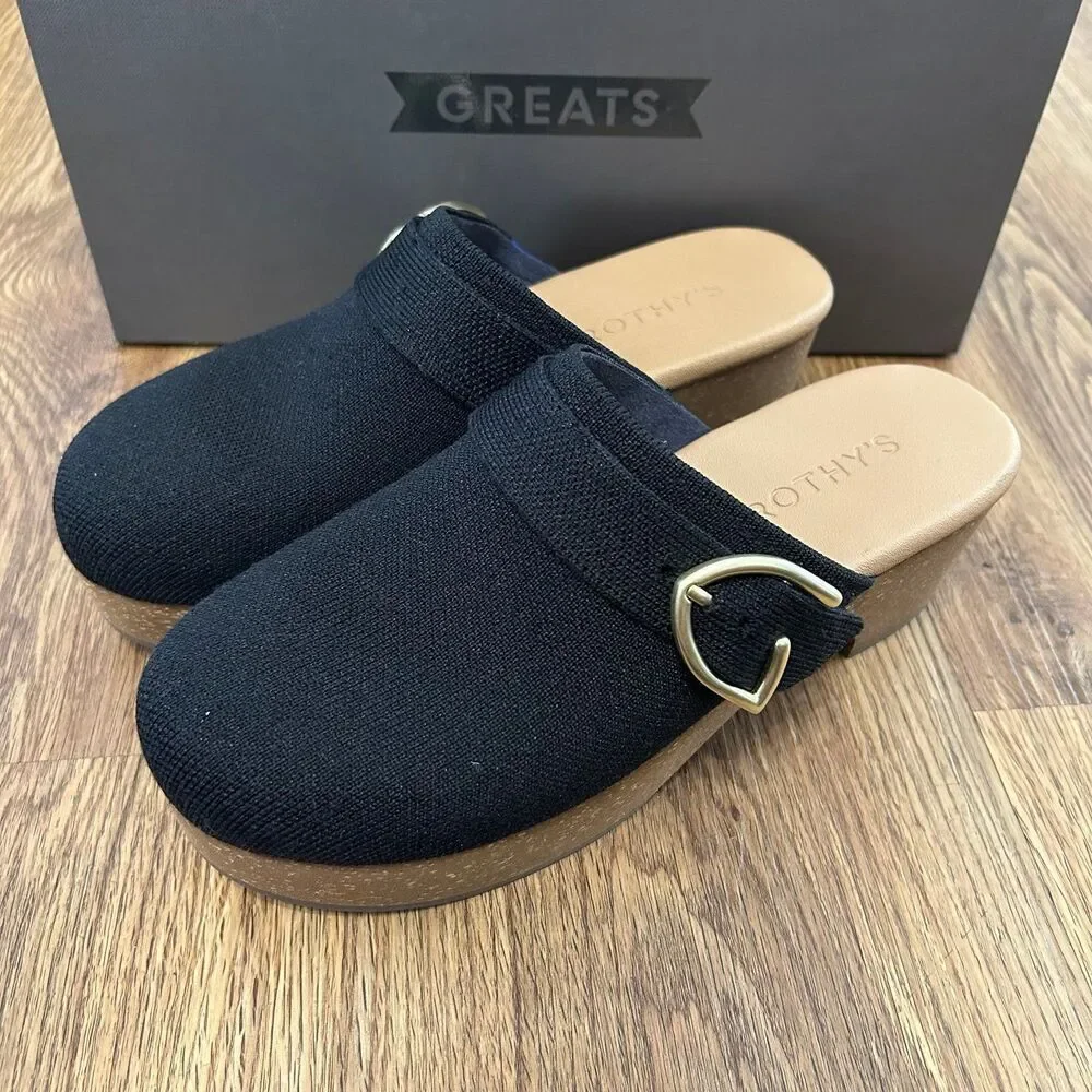 ROTHY’S black gold buckle platform heeled clogs mules slip on shoes sz 7 new